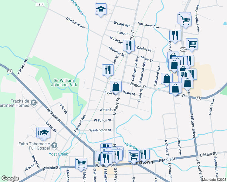 map of restaurants, bars, coffee shops, grocery stores, and more near 231 N Perry St in Johnstown