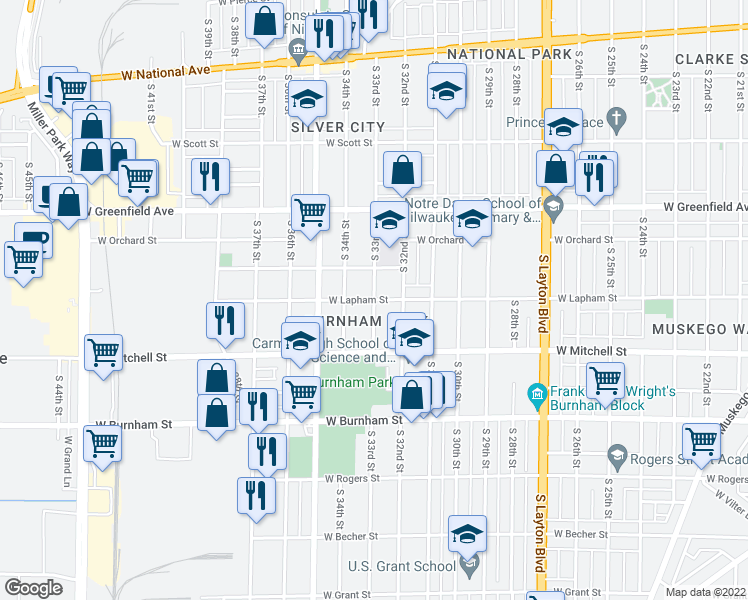 map of restaurants, bars, coffee shops, grocery stores, and more near W Lapham St & S 33rd St in Milwaukee