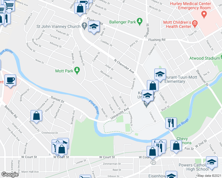 map of restaurants, bars, coffee shops, grocery stores, and more near 2029 Cartier Street in Flint