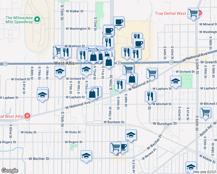 map of restaurants, bars, coffee shops, grocery stores, and more near 1541 South 70th Street in West Allis