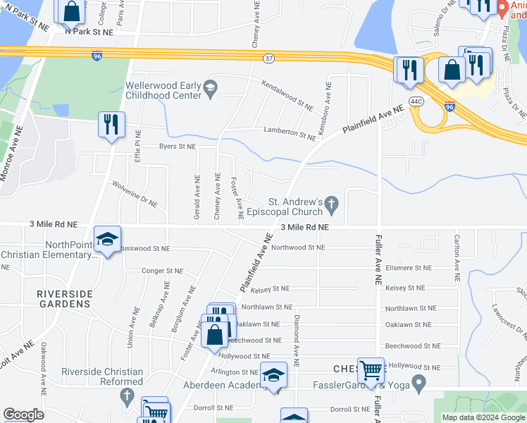 map of restaurants, bars, coffee shops, grocery stores, and more near 914 Foster Court Northeast in Grand Rapids