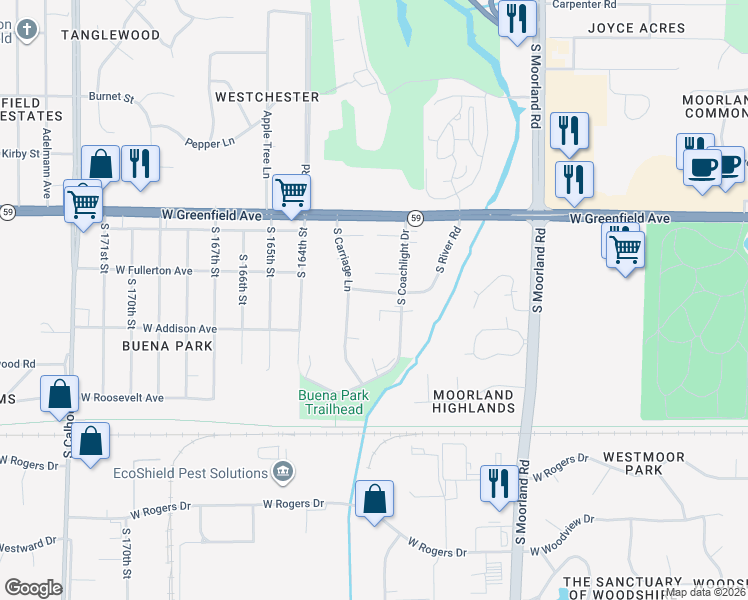 map of restaurants, bars, coffee shops, grocery stores, and more near 16131 West Heritage Lane in New Berlin