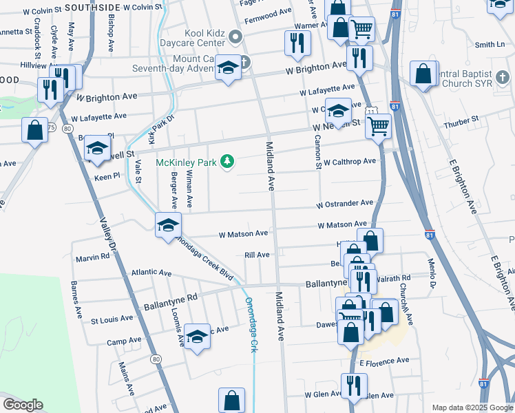 map of restaurants, bars, coffee shops, grocery stores, and more near 322 West Ostrander Avenue in Syracuse