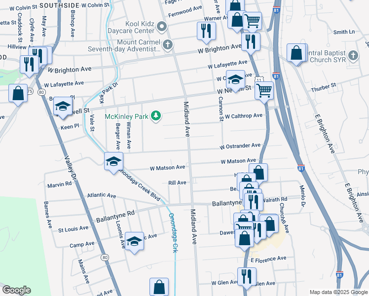 map of restaurants, bars, coffee shops, grocery stores, and more near 322 West Ostrander Avenue in Syracuse