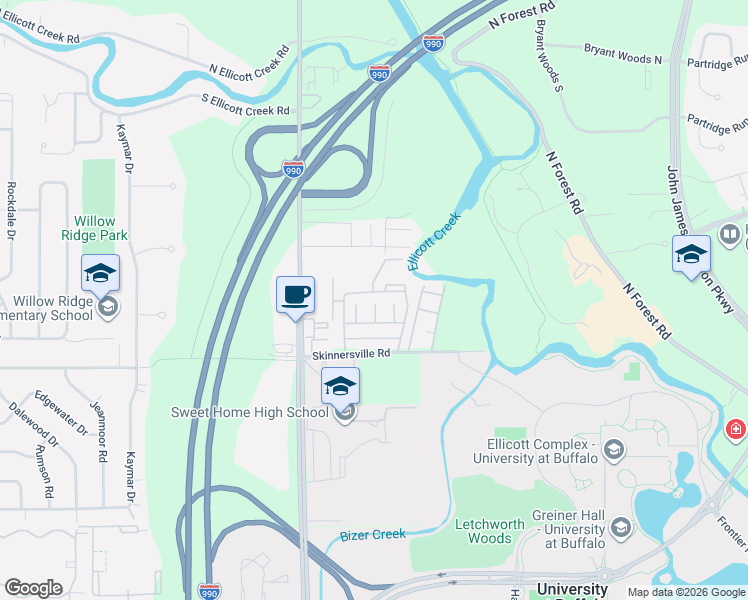 map of restaurants, bars, coffee shops, grocery stores, and more near 111 Charter Oaks Drive in Buffalo