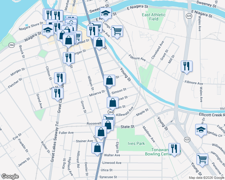 map of restaurants, bars, coffee shops, grocery stores, and more near 66 Simson Street in Tonawanda