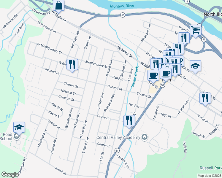 map of restaurants, bars, coffee shops, grocery stores, and more near 133 Second Street in Ilion