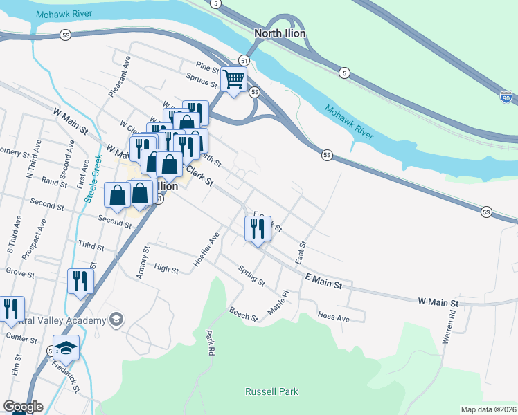 map of restaurants, bars, coffee shops, grocery stores, and more near 125 East Clark Street in Ilion