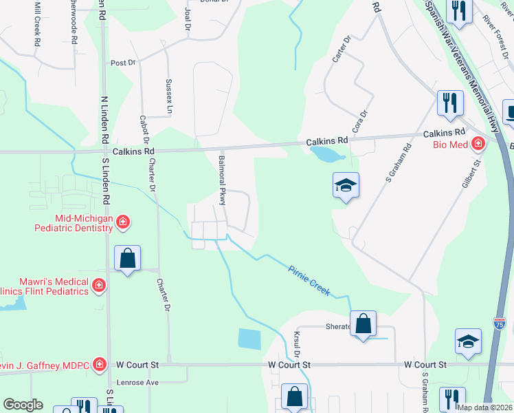 map of restaurants, bars, coffee shops, grocery stores, and more near 1131 Devenish Ln in Flint