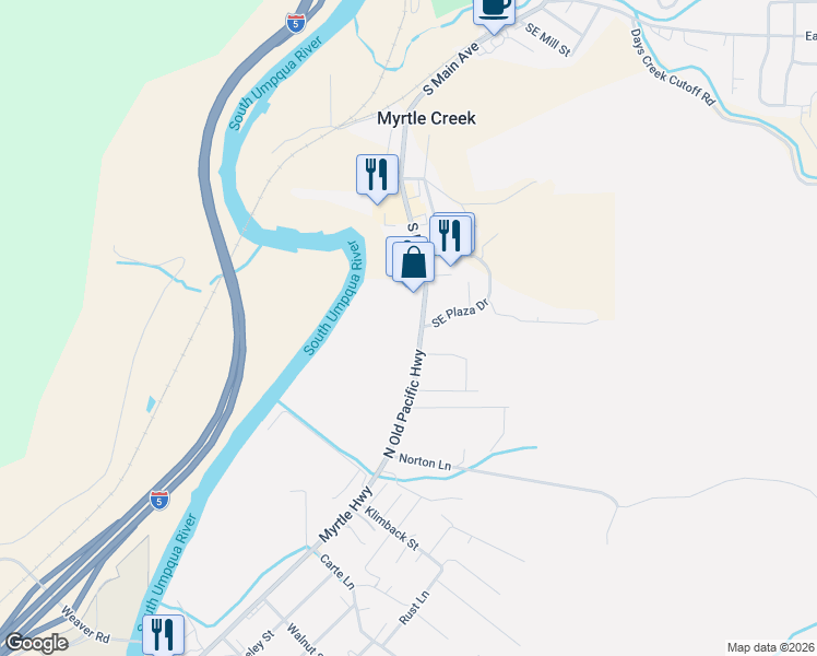 map of restaurants, bars, coffee shops, grocery stores, and more near 1419 North Old Pacific Highway in Myrtle Creek