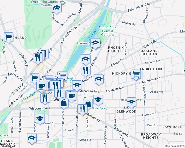 map of restaurants, bars, coffee shops, grocery stores, and more near 314 East Main Street in Waukesha