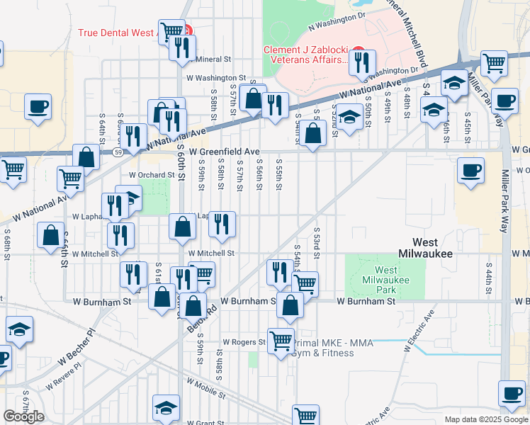 map of restaurants, bars, coffee shops, grocery stores, and more near 5580 West Lapham Street in West Milwaukee