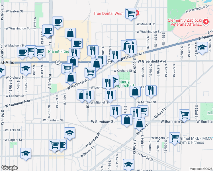 map of restaurants, bars, coffee shops, grocery stores, and more near 15 South 63rd Street in West Allis