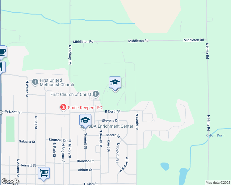 map of restaurants, bars, coffee shops, grocery stores, and more near 765 East North Street in Owosso