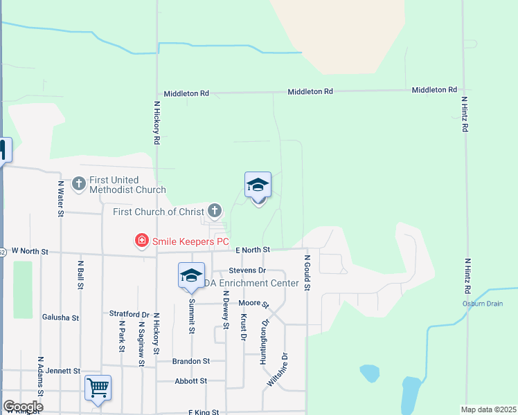 map of restaurants, bars, coffee shops, grocery stores, and more near 765 East North Street in Owosso
