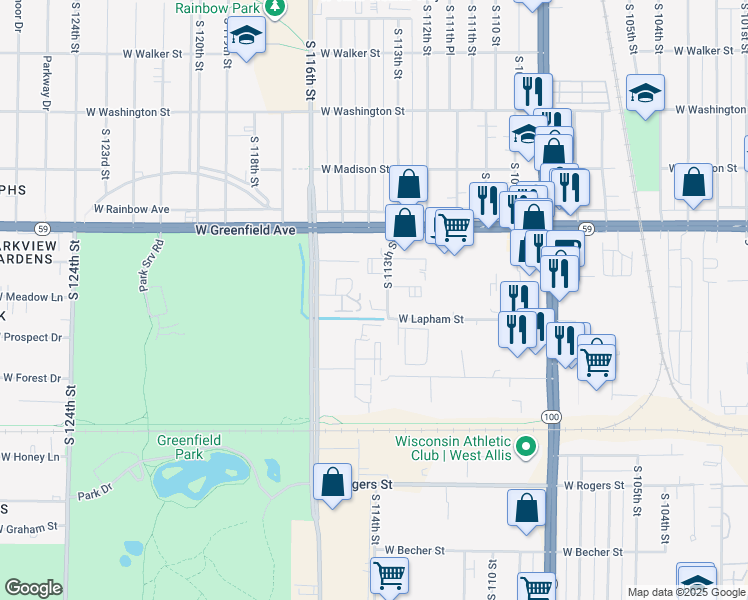 map of restaurants, bars, coffee shops, grocery stores, and more near 15 South 113th Street in West Allis
