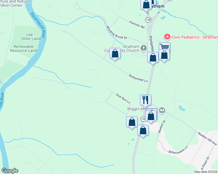 map of restaurants, bars, coffee shops, grocery stores, and more near 14 Doe Run Lane in Stratham