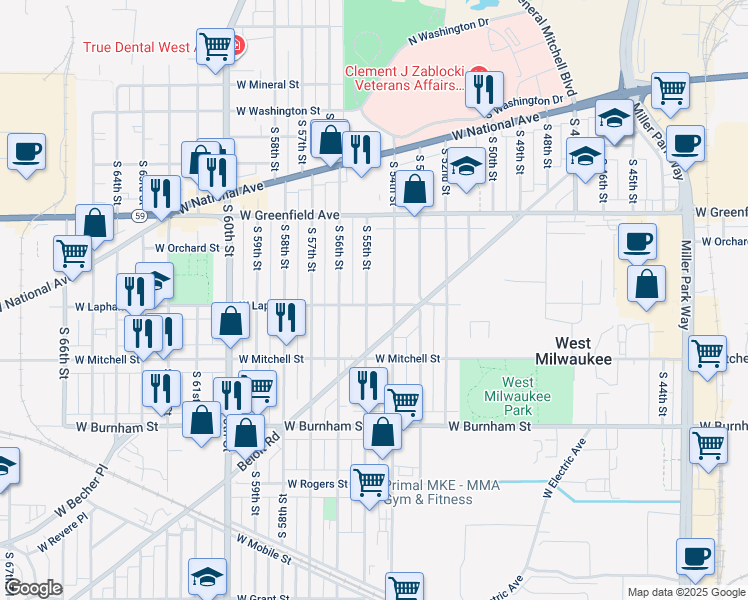 map of restaurants, bars, coffee shops, grocery stores, and more near 1552 South 55th Street in West Milwaukee