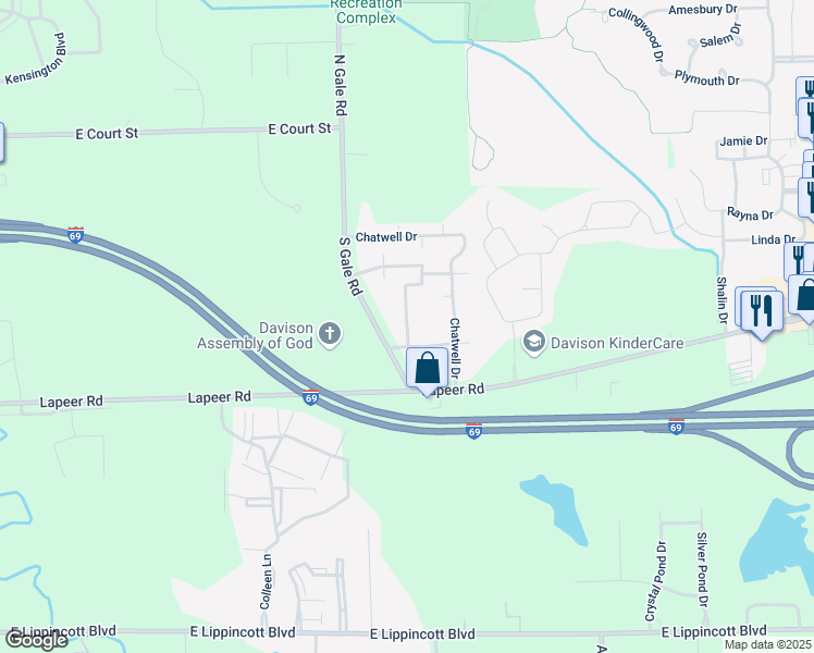 map of restaurants, bars, coffee shops, grocery stores, and more near 9146 Chatwell Club Lane in Davison