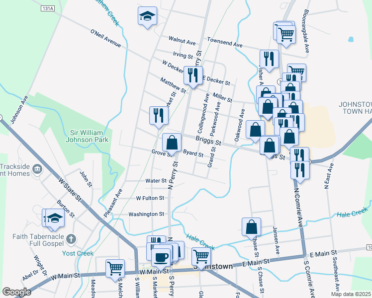 map of restaurants, bars, coffee shops, grocery stores, and more near 3 Byard St in Johnstown