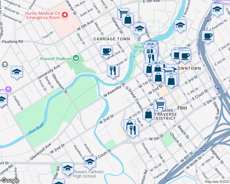 map of restaurants, bars, coffee shops, grocery stores, and more near 501 West Kearsley Street in Flint