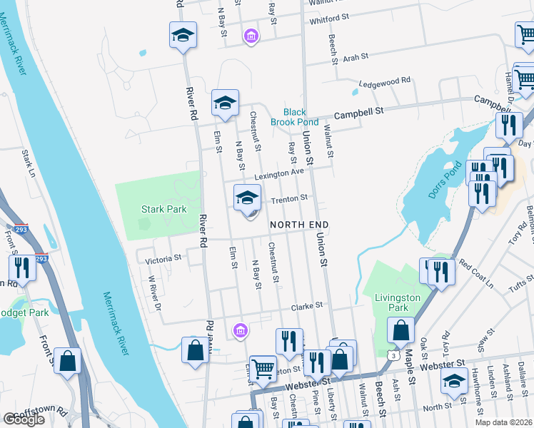 map of restaurants, bars, coffee shops, grocery stores, and more near 1008 Chestnut Street in Manchester
