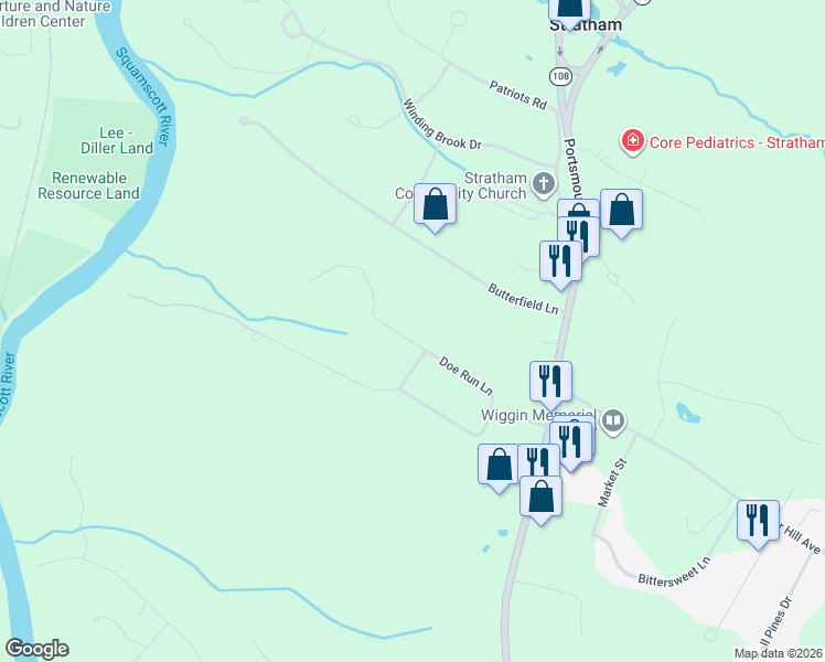 map of restaurants, bars, coffee shops, grocery stores, and more near 14 Doe Run Lane in Stratham