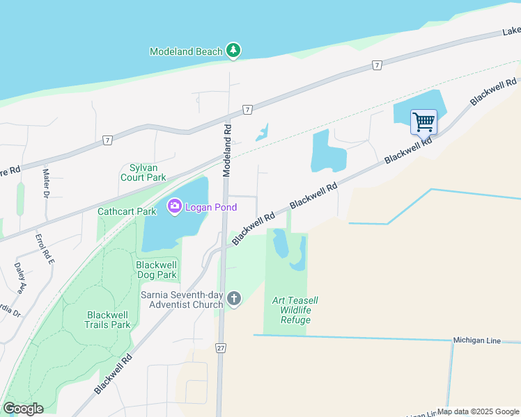 map of restaurants, bars, coffee shops, grocery stores, and more near 1526 Blackwell Road in Sarnia
