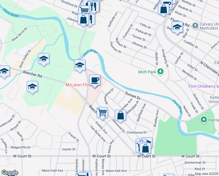 map of restaurants, bars, coffee shops, grocery stores, and more near 3827 Brentwood Drive in Flint