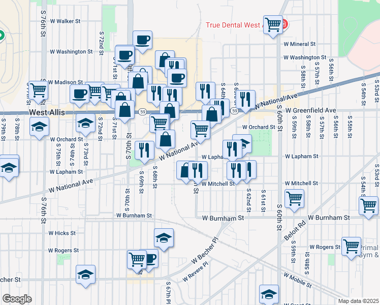 map of restaurants, bars, coffee shops, grocery stores, and more near 66 West National Avenue in West Allis