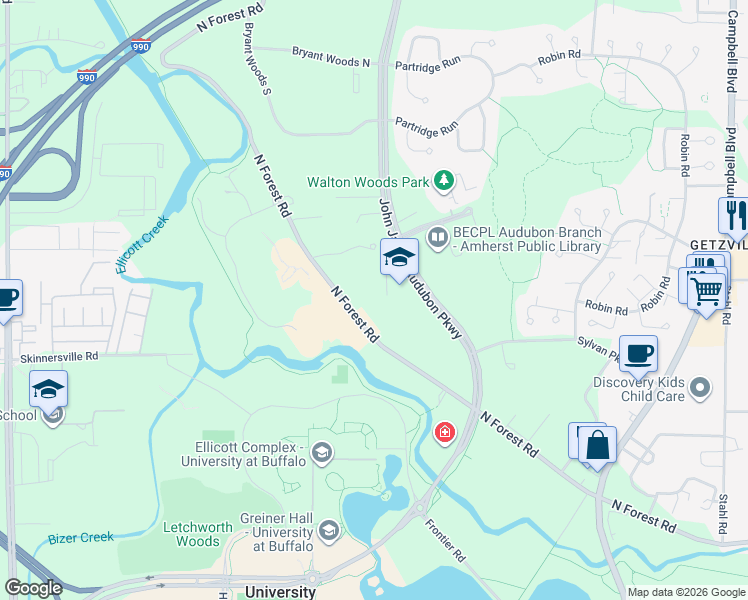 map of restaurants, bars, coffee shops, grocery stores, and more near 2635 North Forest Road in Erie County
