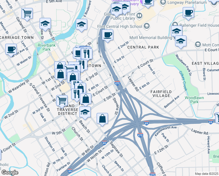 map of restaurants, bars, coffee shops, grocery stores, and more near 402 East Court Street in Flint