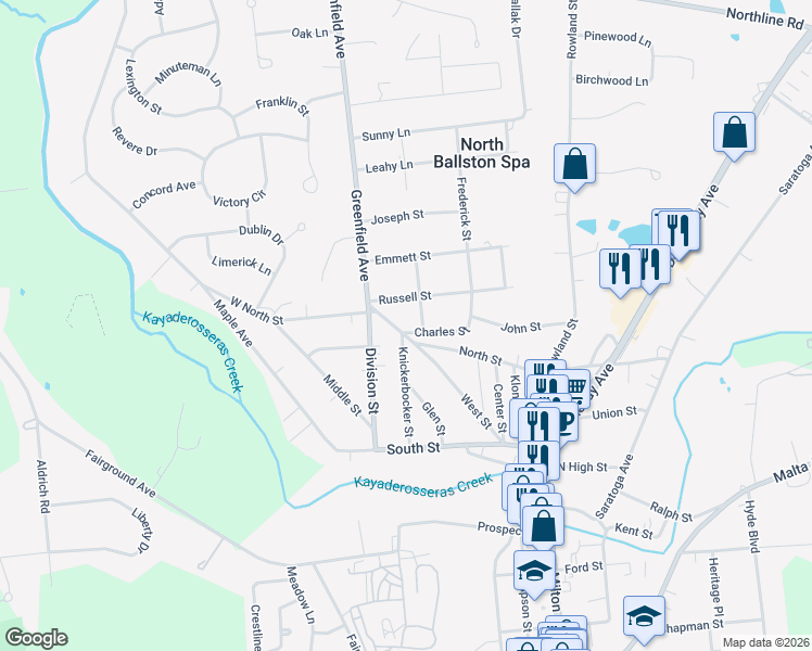 map of restaurants, bars, coffee shops, grocery stores, and more near 105 West North Street in Ballston Spa
