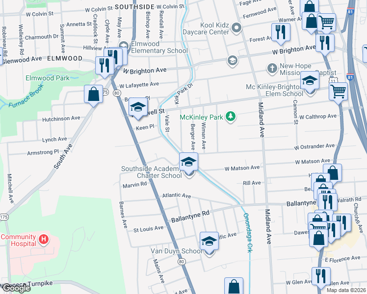 map of restaurants, bars, coffee shops, grocery stores, and more near 185 Baldwin Avenue in Syracuse