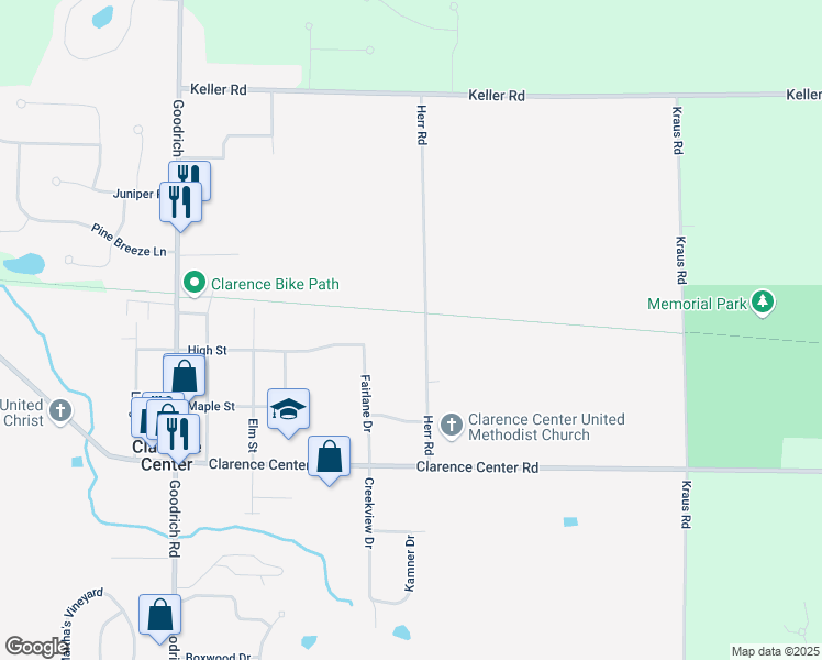 map of restaurants, bars, coffee shops, grocery stores, and more near 6130 Herr Road in Clarence Center