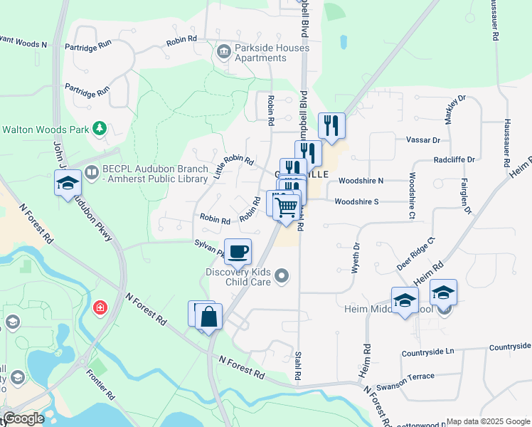 map of restaurants, bars, coffee shops, grocery stores, and more near 2333 Millersport Highway in Getzville