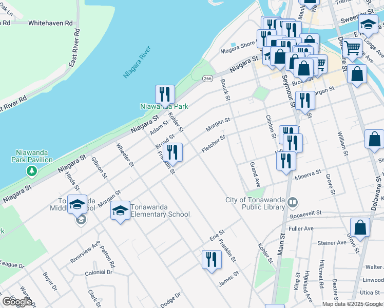 map of restaurants, bars, coffee shops, grocery stores, and more near 366 Fletcher Street in Tonawanda