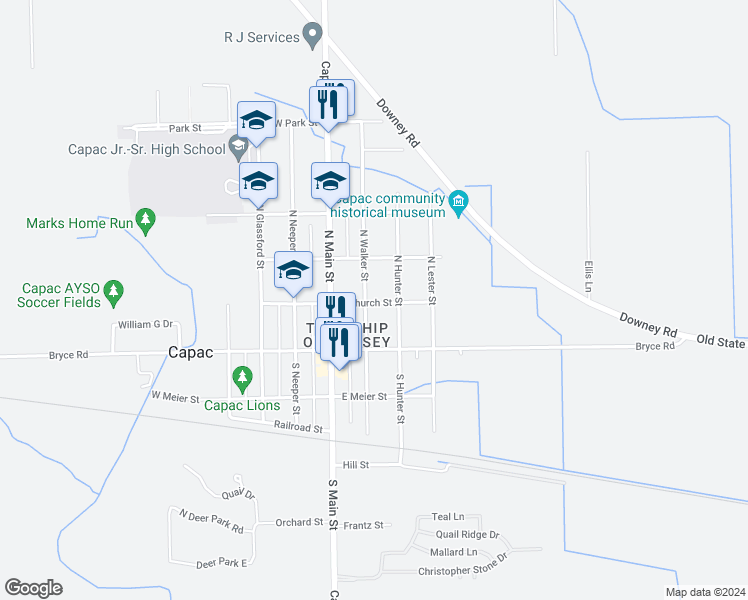 map of restaurants, bars, coffee shops, grocery stores, and more near 208 East Church Street in Capac