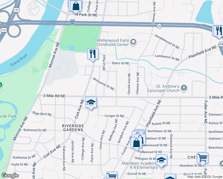 map of restaurants, bars, coffee shops, grocery stores, and more near 658 Wolverine Drive Northeast in Grand Rapids