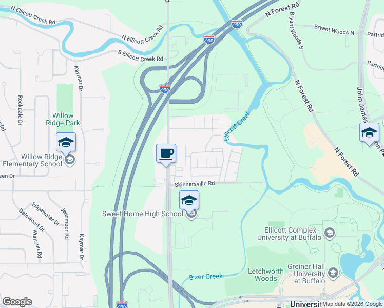 map of restaurants, bars, coffee shops, grocery stores, and more near 111 Charter Oaks Drive in Buffalo