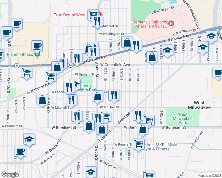 map of restaurants, bars, coffee shops, grocery stores, and more near 5813 West Lapham Street in West Allis