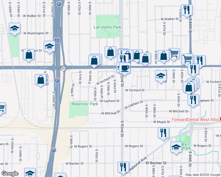 map of restaurants, bars, coffee shops, grocery stores, and more near 1508 South 94th Street in West Allis
