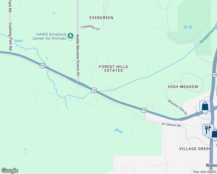 map of restaurants, bars, coffee shops, grocery stores, and more near S16W32772 U.S. 18 in Delafield