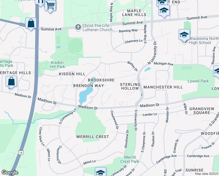map of restaurants, bars, coffee shops, grocery stores, and more near Madison Street in Waukesha