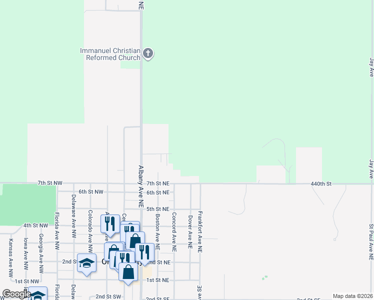 map of restaurants, bars, coffee shops, grocery stores, and more near 419 7th Street Northeast in Orange City