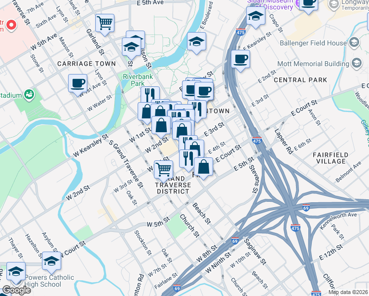 map of restaurants, bars, coffee shops, grocery stores, and more near 126 East 3rd Street in Flint