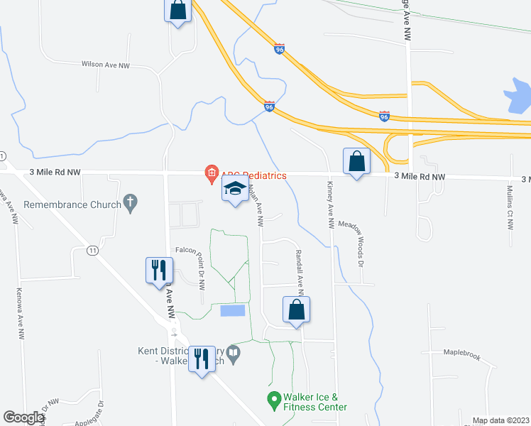 map of restaurants, bars, coffee shops, grocery stores, and more near 2716 Nolan Avenue Northwest in Grand Rapids