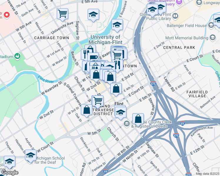 map of restaurants, bars, coffee shops, grocery stores, and more near 126 East 3rd Street in Flint