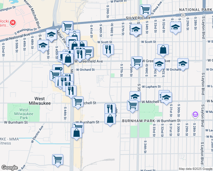map of restaurants, bars, coffee shops, grocery stores, and more near 1603B South 38th Street in Milwaukee
