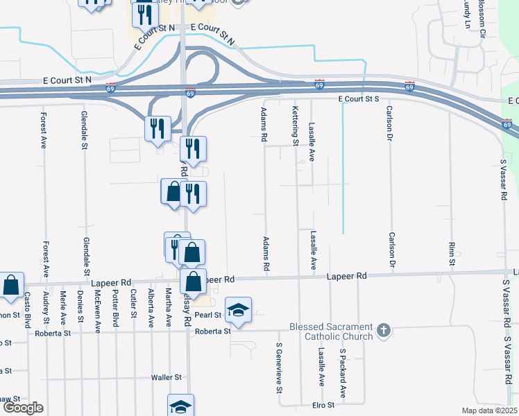 map of restaurants, bars, coffee shops, grocery stores, and more near 1176 Adams Road in Burton